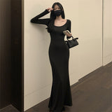 fashion outfits Fall Hot Girl Elegant Long Sleeve Dress Women's Brown Bottoming Dress Slim Fishtail Solid Color Skirt