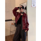 Purpdrank guys clothing styles American Retro Angora Red Leather Coat Women's Autumn and Winter High Street Style Loose Meat Covering Leather Jacket Top