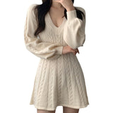 long sweater dress outfit Chic Autumn and Winter Vintage Linen Pattern V-neck Tight Waist Slimming Small A- line Knitted Sweater Dress Women