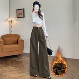 fashion outfits Brown Denim Wide-Leg Pants Women's Wide-Leg Slimming Autumn and Winter High Waist Fleece-lined Draping Mop Long Pants