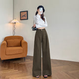 fashion outfits Brown Denim Wide-Leg Pants Women's Wide-Leg Slimming Autumn and Winter High Waist Fleece-lined Draping Mop Long Pants