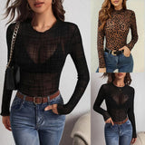 business casual outfits Women's Fashion Tight Leopard Print See-through Bottoming Shirt Flocking Jacquard Mesh Tight Top