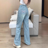 fashion outfits Women's Embroidered High Waist Straight Jeans with Bowknot Autumn and Winter Loose Slimming Casual Wide Leg Mopping Pants