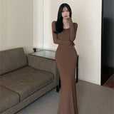 fashion outfits Fall Hot Girl Elegant Long Sleeve Dress Women's Brown Bottoming Dress Slim Fishtail Solid Color Skirt