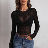 business casual outfits Women's Fashion Tight Leopard Print See-through Bottoming Shirt Flocking Jacquard Mesh Tight Top