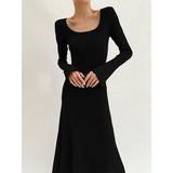 fashion outfits Autumn and Winter Slim Fit Slimming Inner Long Sleeve Mid-Length Bottoming Hip Skirt Square Collar Knitted Dress Women