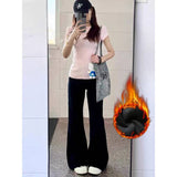 egirl style Fleece-lined Thick Black Non-Stick Leg Micro Flared Jeans Women's Autumn and Winter High Waist Slimming Wide Leg Pants Mopping Pants