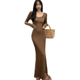 fashion outfits Fall Hot Girl Elegant Long Sleeve Dress Women's Brown Bottoming Dress Slim Fishtail Solid Color Skirt