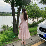 Summer Chiffon Fairy Dress Women Solid Elegant Party Midi Dress Female Casual Sweet Korean Fashion Pink Dress New Clothes