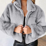 Purpdrank Rabbit Fur Imitation Fur Zipper Plush Warm Jacket Long Sleeve Short Coat Winter Women Crop Top Casual Solid New In Outwear Pink