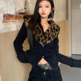 Purpdrank American V-neck Leopard Print Fur Collar Cardigan Autumn Winter New Sweaters Coat Women Y2k Slim Fit Long Sleeve Tops Mujer