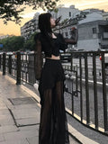 Purpdrank Korean Simple High Waist Hollow Out Black Pants+ Y2k E-Girl Slim Fit Mesh Long Sleeve Tops Women Grunge Two Piece Sets