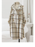 Purpdrank - Autumn Winter Long Loose Warm Plaid Wool Blends Trench Coat for Women Raglan Sleeve Belt Double Breasted Woolen Overcoat