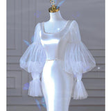 Purpdrank - Elegant Mermaid Wedding Dresses Vintage Square Collar Bridal Dress With Long Sleeves Satin Simple Suknia Slubna With Small Train