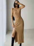 Autumn Winter French Sexy Slit Women's Sweater Dress Female V-Neck Slim Tight-fitting Wrap Dresses New