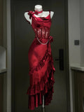 Vintage Elegant Red Strap Slim-fit Fish Tail Dress with Hip Wrap