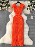 Ruffles Sleeveless Maxi Dress Women Solid O Neck Elastic Waist Fashion 2024 Ladies Summer Slim Evening Dresses