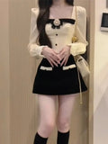 Purpdrank Elegant Sweet Square Collar Bow Long Sleeve Tops Women+ Y2k E-Girl High Waist Bodycon 2025 Spring New Skirts Two Piece Sets