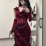 Pure Desire Fishbone Waist Fishtail Dress Women's Chic Lace Cut-out Ruffled Dress