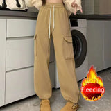 Purpdrank Autumn Winter Women Pants Elastic Waist Drawstring Large Pocket Trousers Youthful Loose Casual Sports Solid Straight Cargo Pant