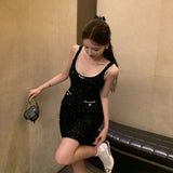 Heavy Sequin Sexy Strap Dresses Spring New Slim Fit Bodycon Dress for Women Y2k Fairycore Sleeveless Black Vestidos Mujer