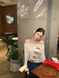 Purpdrank Bow Off Shoulder White Knitted Sweater for Women 2025 Early Autumn New Bottoming Tops Mujer Y2k Long Sleeved Pullovers T Shirts