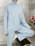 2 Pieces Women Sets Knitted Tracksuit Turtleneck Sweater and Wide Leg Jogging Pants Pullover Suit