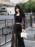 Purpdrank Korean Simple High Waist Hollow Out Black Pants+ Y2k E-Girl Slim Fit Mesh Long Sleeve Tops Women Grunge Two Piece Sets