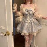 Lolita Princess Dress Women Party Y2k Bandage Blue Cosplay Costumes Japanese Puff Sleeve Ribbon Square Neck Bowknot Mini Dress