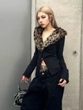 Purpdrank Detachable Leopard Print Fur Collar Tops Mujer Autumn Winter New Slim Fit Sweaters Black Long Sleeve Cardigan Women