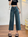 No Stretch Women Jeans New Straight Leg Wide Streetwear High Waist Boyfriend Pockets Denim Trousers Cargo Pants Japanese Y2k