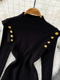 Purpdrank - 2023 New Winter Fashion Suit Women's Half High Collar Gold Buttons Knit Sweater Top +Letter Sashes Houndstooth Check Wool Skirt