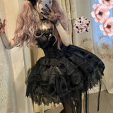 Japanese Gothic Lolita Dress Women Bandage Vintage Girl Sweet Lace Dark Slip Elegant Princess Victorian Dress Prom Party Dress