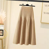 Purpdrank Women Autumn Winter Loose A-Line Midi Skirt Casual Elegant Office Lady Skirt Trendy All-Match Basic Skirt Solid Pleat Knit Skirt