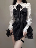 Lace Kawaii Lolita Mini Dress Set Punk Harajuku Aesthetic Black Dresse Goth Kpop Clothes Korean Fashion Dress Fall Outfits Women