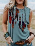 Purpdrank Feather Print Tank Tops Women's Fashion Sleeveless Vest Sexy Casual Vintage Tanks Top Casual Crew Neck Tops Womens Clothing