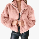 Purpdrank Rabbit Fur Imitation Fur Zipper Plush Warm Jacket Long Sleeve Short Coat Winter Women Crop Top Casual Solid New In Outwear Pink