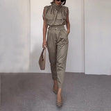 Purpdrank - Women Two Piece Sets Summer Elegant Sleeveless Solid Pants Sets Tie Neck Waist Belt Chic Office Outfit With Pocket