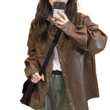 Brown Leather Jacket Button Up Loose Coat Women Moto Biker BF Casual Outerwear Fall Autumn Spring Windbreaker plus size y2k top