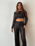 Tassel Long Pant Set For Women Elegant Female Solid Wide Leg Trousers Party Outfit Chic O-Neck Long Sleeve Short Top 2 Piece Set