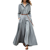 British Style Long Sleeves Pleated Lapel Wide Leg Jumpsuits New Women Spring Autumn Casual Going Out Jump Suits