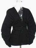 Women Black Pleated Belt Temperament Blazer New V-collarLong Sleeve Loose Fit Jacket Fashion Spring Autumn 2024