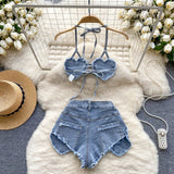 Hotsweet Casual Sexy Women's Denim Set Halter Strap Love Backless Bra Crop Top And Hollow Shorts Two-Piece Set Lingerie Pajamas