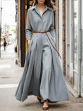 British Style Long Sleeves Pleated Lapel Wide Leg Jumpsuits New Women Spring Autumn Casual Going Out Jump Suits