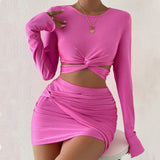 Purpdrank 2025 Spring Summer Womens 2 Piece Outfit Set Women's Midriff-baring Kink Long Sleeve Tops Lady Hip Skirt Women's Clothing Sales