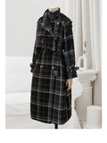 Purpdrank - Autumn Winter Long Loose Warm Plaid Wool Blends Trench Coat for Women Raglan Sleeve Belt Double Breasted Woolen Overcoat