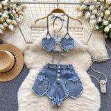 Hotsweet Casual Sexy Women's Denim Set Halter Strap Love Backless Bra Crop Top And Hollow Shorts Two-Piece Set Lingerie Pajamas