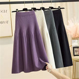 Purpdrank Women Autumn Winter Loose A-Line Midi Skirt Casual Elegant Office Lady Skirt Trendy All-Match Basic Skirt Solid Pleat Knit Skirt