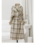 Purpdrank - Autumn Winter Long Loose Warm Plaid Wool Blends Trench Coat for Women Raglan Sleeve Belt Double Breasted Woolen Overcoat