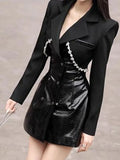 Streetwear Black Diamond Patchwork Notched PU Leather Blazer Fashion New Slim Fit Mid Long Suit Jacket Autumn 2024 New Tide